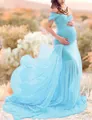 Elegant sky blue mercerized cotton and chiffon maternity dress with a long tail. - One Size / Top And Bottom / Lake Blue