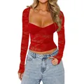 Sexy red floral lace long sleeve crop top for women with deep sweetheart neckline - S / Tops / Red
