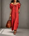 Elegante vestido maxi rojo con hombros descubiertos y volantes para playa y vacaciones - Rojo