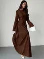 Elegant coffee-colored French boat neck long sleeve maxi dress with flowy A-line skirt - S / Dresses / Brown