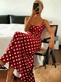 Elegant red and white polka dot maxi dress for women in a lifestyle home setting - S / Red
