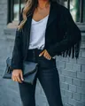 Close-up detail showing the texture and fringe design of women's black suede-style jacket - S / Tops / Black Padded