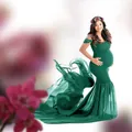 Elegant green maternity gown with long chiffon tail for professional photography. - One Size / Top And Bottom / Dark Green