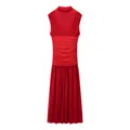 Elegantes rotes ärmelloses Netz-Midikleid mit hohem Kragen und geraffter Taille. - S / Unterteile / Rot