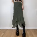 Detail view of a green chiffon midi skirt with a unique irregular layered hemline. - S / Bottoms / Dark Green