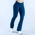 Women's high waist micro-flare yoga pants in dark blue with v-cross waistband style - XS / Bottoms / Teal