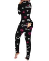 Detailansicht eines langärmeligen Jumpsuits für Erwachsene mit funktionaler Knopfklappe - 2XL / Oberteil Und Unterteil / Lächeln-Druck (Schwarz)