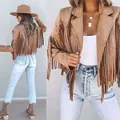 Detailed view of women's tan suede fringe jacket in bohemian western style - S / Tops / Brown Thickened