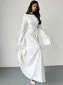 Elegant white French style boat neck long sleeve maxi dress with a flared A-line skirt. - S / Dresses / White