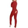 Funktionale Knopfklappe Detail am roten langärmeligen Jumpsuit-Schlafanzug für Erwachsene - 2XL / Oberteil Und Unterteil / Einfarbig Rot