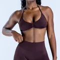 High-performance seamless yoga halter bra and high-waisted leggings in dark brown - XS / Tops / Dark Coffee
