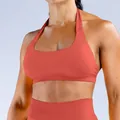 High-elasticity seamless halter neck sports bra in matte coral red for gym workout - XS / Top And Bottom / Chili Red
