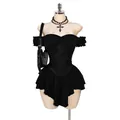 Gothic black off-shoulder mini dress with jacquard corset and tiered ruffle hem - XXS / Bottom (1169#) / Black