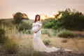 Elegant off-shoulder maternity photography dress with flowing chiffon train - One Size / Top And Bottom / White