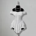 Elegant white off-the-shoulder ruffled chiffon mini dress with jacquard splicing detail - XXS / Bottom (1169#) / White