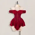 Elegant dark red off-shoulder mini dress with jacquard corset and ruffled chiffon hem - XXS / Bottom (1169#) / Red
