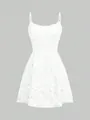 Close-up of white 3D floral embroidery and lace texture on a sleeveless mini dress - S / Tops / White