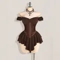 Brown off-shoulder corset mini dress with tiered ruffle hem and jacquard detailing - XXS / Bottom (1169#) / Brown