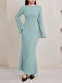 Robe maxi en tricot jacquard vert clair avec manches cloches et ourlet sirène - S / Haut et Bas / Bleu clair