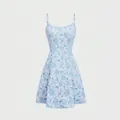 Elegant light blue sleeveless mini dress with white 3D floral texture and square neck design - S / Tops / Sky Blue