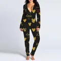 Schwarzer Langarm-Einteiler Schlafanzug mit goldenen Herz- und 'Love'-Glitzermustern - 2XL / Oberteil Und Unterteil / Liebe