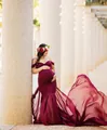 Burgundy off-the-shoulder maternity gown with long chiffon train for photography - One Size / Top And Bottom / Burgundy