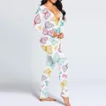 Damen-Einteiler-Schlafanzug mit Schmetterlingsdruck und Knopfleiste - 2XL / Oberteil Und Unterteil / Bunter Schmetterlingsdruck