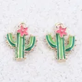 Detailed view of green enamel cactus charms with pink flowers for DIY jewelry making - Cactus / 1 Piece