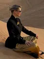Elegant black mermaid hem blazer suit paired with gold satin pants in desert setting - S / Tops / Black