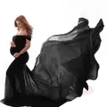 Elegant black off-shoulder maternity photography dress with a long flowing chiffon train - One Size / Top And Bottom / Black