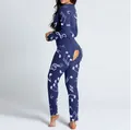 Dunkelblauer Jumpsuit-Schlafanzug mit Notendruck und funktionaler Knopfleiste hinten - S / Oberteil Und Unterteil / Blaue Musiknote