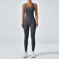 High-stretch dark grey one-piece yoga jumpsuit with racerback and bodycon fit - L / Top And Bottom / Volcanic Gray