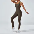 Dark olive one-piece yoga jumpsuit for women with high stretch athletic fabric - S / Top And Bottom / Coffee