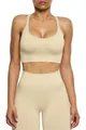 Detailed view of the seamless beige yoga set featuring a sports bra and leggings - S / Top And Bottom / Cami Top And Shorts / Khaki
