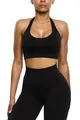 Front view detail of sexy black halter neck sports bra and high-waisted leggings set. - S / Top And Bottom / Halter Top And Shorts / Black