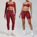Burgundy seamless high-stretch yoga set featuring long sleeve and shorts options for women - XS / Top And Bottom / Cherry Red