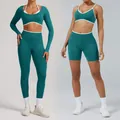 Seamless high-stretch teal yoga set with white trim available in two versatile styles - XS / Top And Bottom / Turquoise Green