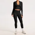 Ensemble de yoga 3 pièces noir sans couture pour femmes avec veste brassière et legging - S / Haut Et Bas / Noir