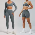Women's grey seamless high-stretch yoga set featuring white contrast trim detailing - XS / Top And Bottom / Graphite Grey