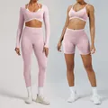 Seamless pink high-elastic yoga set including long sleeve top and leggings for women - XS / Top And Bottom / Pink