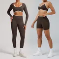 Premium seamless high-stretch yoga set in coffee brown with white contrast trim accents - XS / Top And Bottom / Four-Piece Set / Coffee
