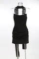 Elegant black strapless bodycon cocktail dress with draped skirt details on mannequin - XS / Black
