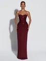 Elegant wine red sequin strapless evening gown with draped pleated skirt detail - XS / Dresses / Burgundy
