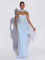 Full view of elegant light blue sequined strapless evening gown with draped detailing - XS / Dresses / Light Blue