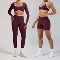 Seamless high-stretch burgundy yoga set featuring contrast piping and ribbed texture - XS / Top And Bottom / Four-Piece Set / Chestnut
