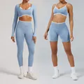 Light blue seamless high-elastic yoga set including long sleeve top and athletic shorts - XS / Top And Bottom / Baby Blue