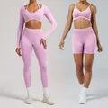Pink seamless high-stretch women's yoga set with sports bra, long sleeve top and leggings - XS / Top And Bottom / Orchid Pink