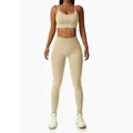 Premium seamless beige two-piece yoga fitness set with high-waisted leggings and bra - S / Top And Bottom / Cami Top And Leggings / Khaki