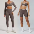 Professional seamless high-stretch taupe yoga set with white contrast piping for gym - XS / Top And Bottom / Mocha
