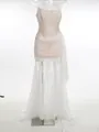 Front view detail of a white lace corset dress with sheer panels and floor-length skirt - XS / Bottoms / White